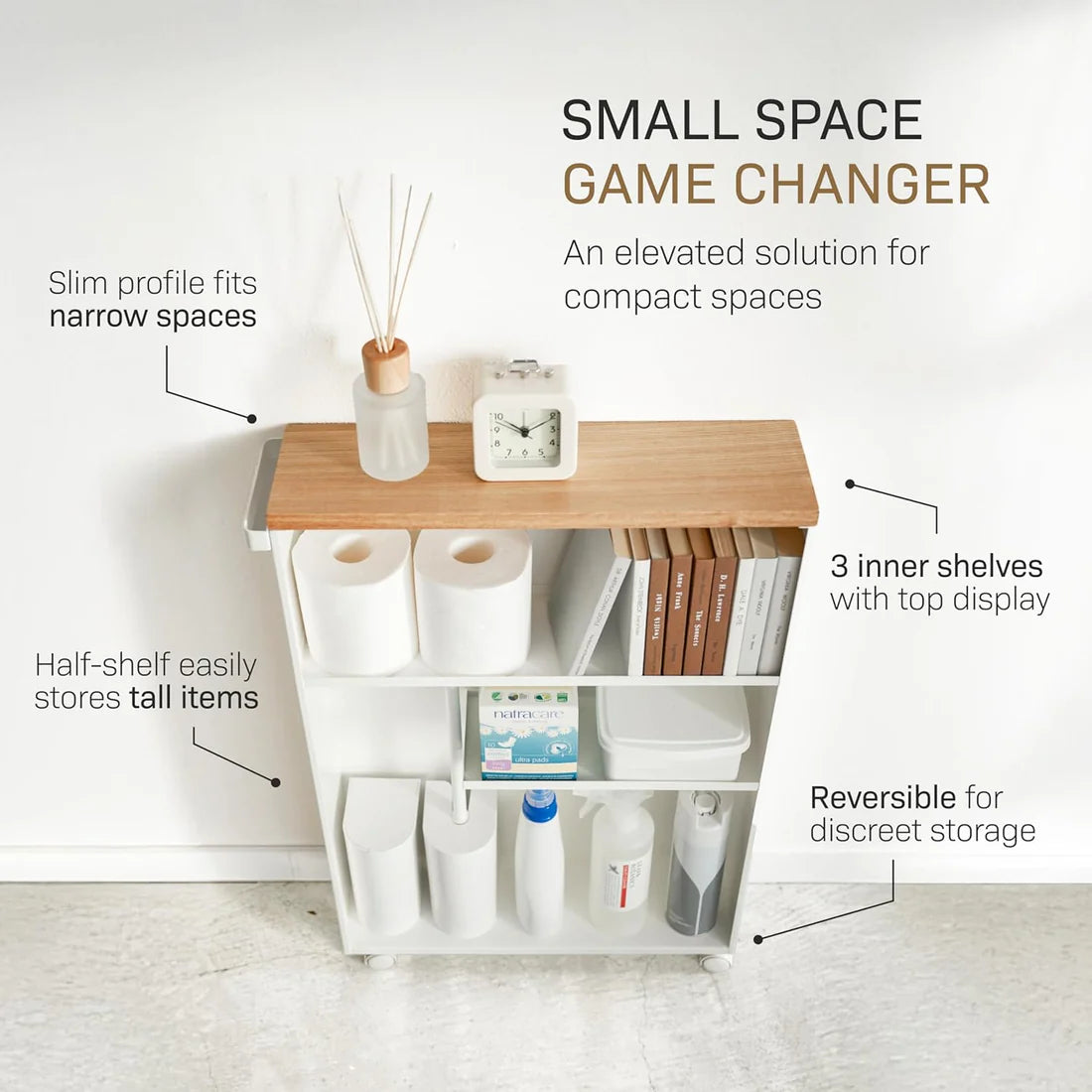 ✨Narrow Bathroom Storage Cabinet with Wooden Top & Handle